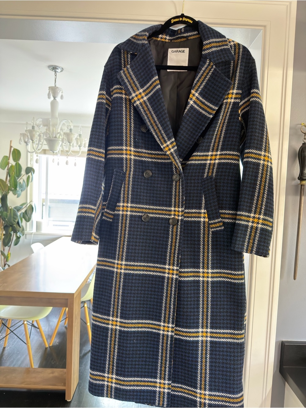Garage Navy Plaid Double-Breasted Pea Coat with Yellow Accents